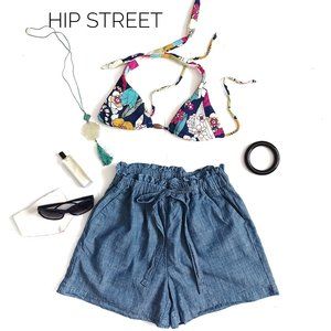 A NEW DAY Paper Bag Waist Cotton Chambray High Waist Shorts S